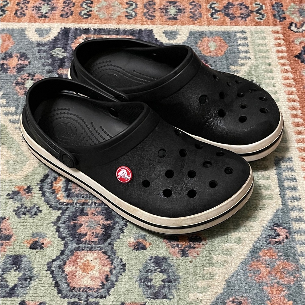 CROCS Black Clogs with White Trim and Red Logo Accent - Picture 2 of 5